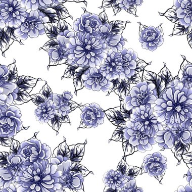 Kusursuz mavi monokrom klasik çiçek deseni
