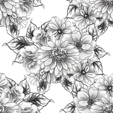 siyah ve beyaz çiçeksiz arkaplan, vektör illüstrasyonu