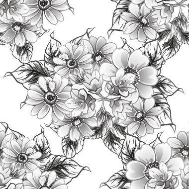 siyah ve beyaz çiçeksiz arkaplan, vektör illüstrasyonu