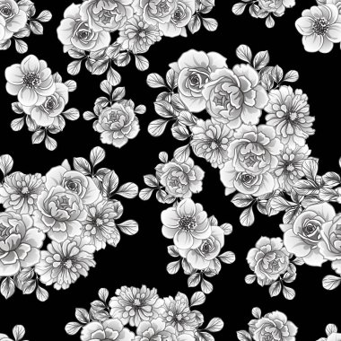 siyah ve beyaz çiçeksiz arkaplan, vektör illüstrasyonu