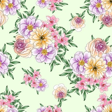 Renkli çiçekler pürüzsüz desen, taç yaprakları, vektör çizimi