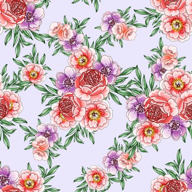 Renkli çiçekler pürüzsüz desen, taç yaprakları, vektör çizimi