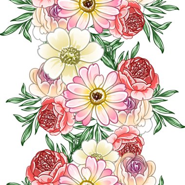 Renkli çiçekler pürüzsüz desen, taç yaprakları, vektör çizimi