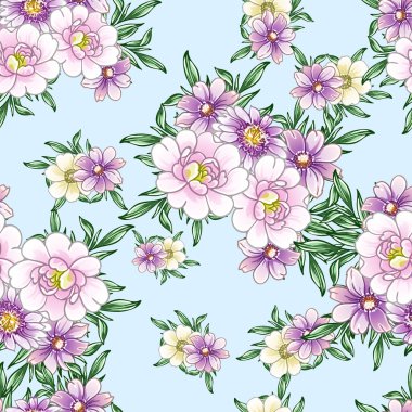 Renkli çiçekler pürüzsüz desen, taç yaprakları, vektör çizimi