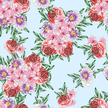 Renkli çiçekler pürüzsüz desen, taç yaprakları, vektör çizimi