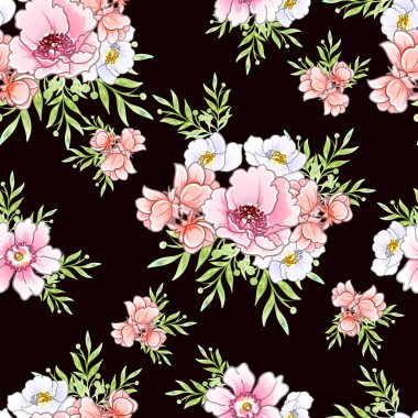 Renkli çiçekler pürüzsüz desen, taç yaprakları, vektör çizimi