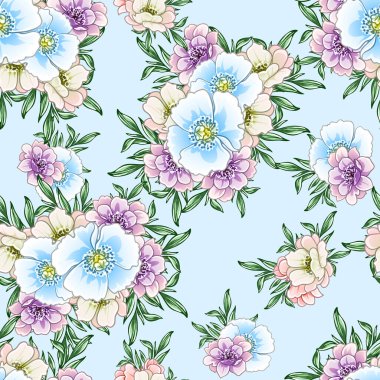 Renkli çiçekler pürüzsüz desen, taç yaprakları, vektör çizimi
