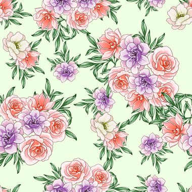 Renkli çiçekler pürüzsüz desen, taç yaprakları, vektör çizimi