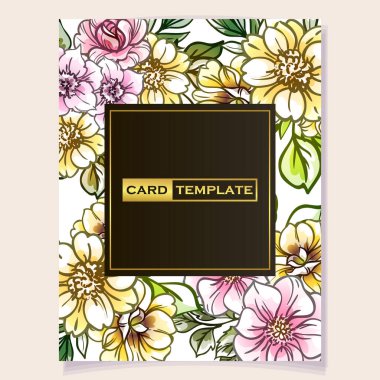 Parlak çiçeklerle süslenmiş kart şablonu, vektör illüstrasyon pankartı