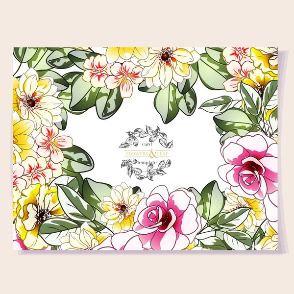 明るい花で飾られたカードテンプレートベクトルイラストバナー — ストックベクタ