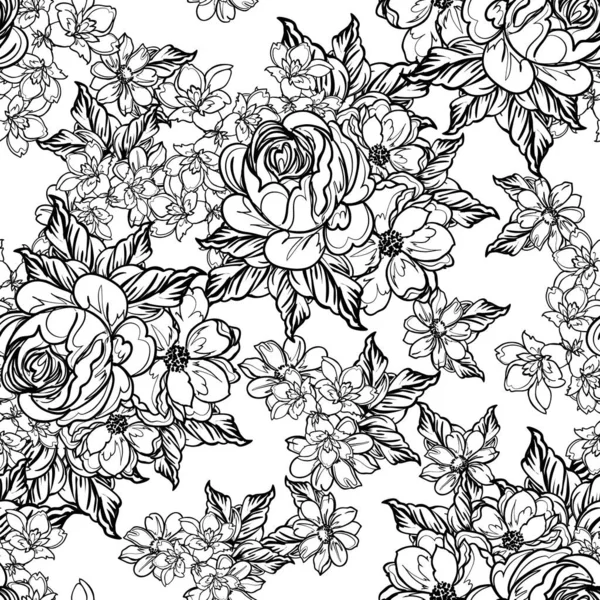 Flores Blanco Negro Fondo Sin Costuras Ilustración Vectorial — Vector de stock