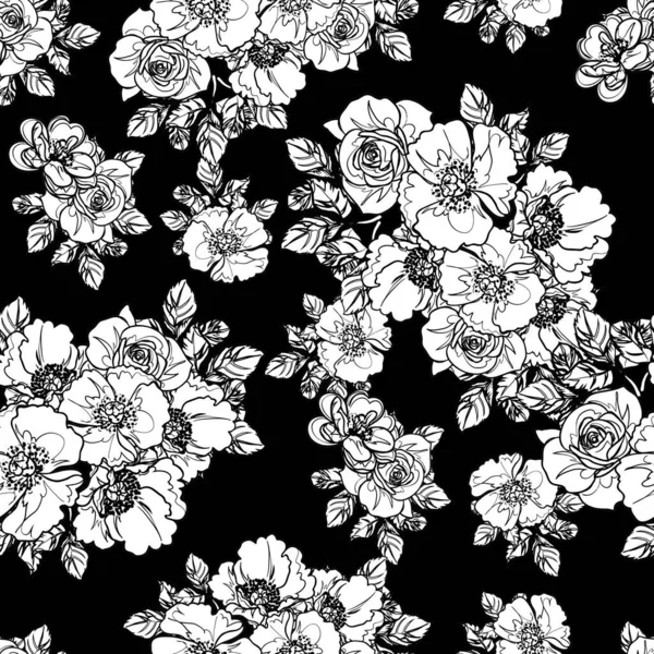 Fleurs Noires Blanches Fond Sans Couture Illustration Vectorielle — Image vectorielle