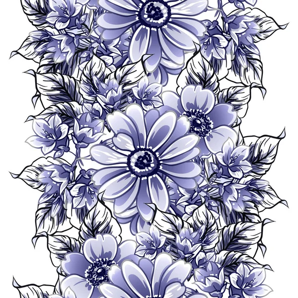 Patrón Flores Estilo Vintage Monocromo Azul Sin Costuras — Vector de stock