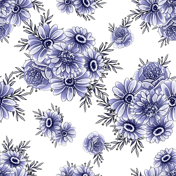 Sans Couture Bleu Monochrome Motif Fleurs Style Vintage — Image vectorielle