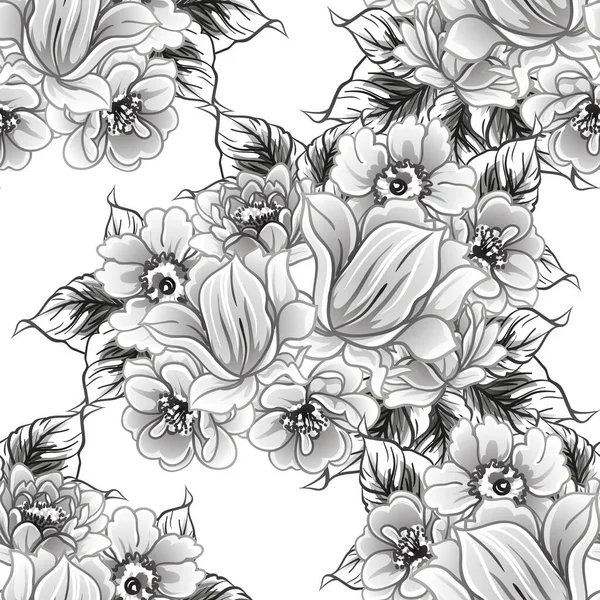 Fondo Sin Costura Floral Blanco Negro Ilustración Vectorial — Archivo Imágenes Vectoriales
