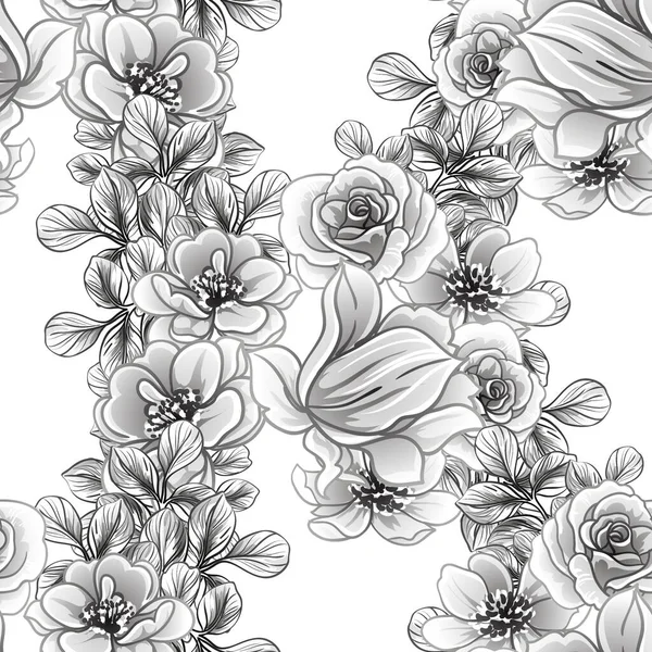 黒と白の花のシームレスな背景ベクトル図 — ストックベクタ