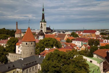 Tallinn, Estonya - noktası Kohtuotsa, The Old Town, St Olaf's Kilisesi, Baltık Denizi ve cruise feribot Toompea hill ile ilgilenen görünümünden