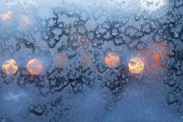 Padrão Floco Neve Gelado Natal Vidro Janela Luzes Cidade — Fotografia de Stock