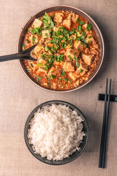 Tradycyjna Chińska Syczuańska Kuchnia Miska Ryżu Mapo Tofu Dużej Płytce — Zdjęcie stockowe