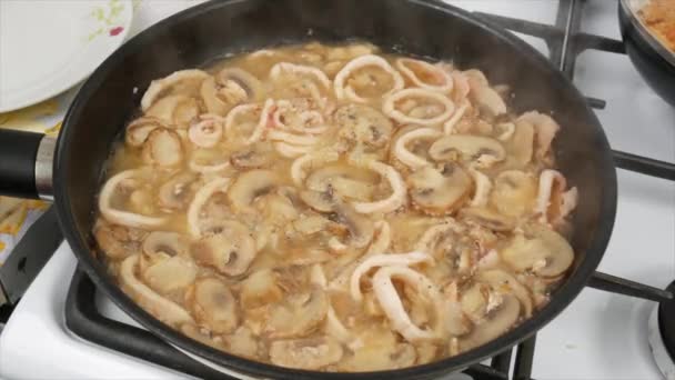Dish Mushrooms Preparing Frying Pan — Stock Video