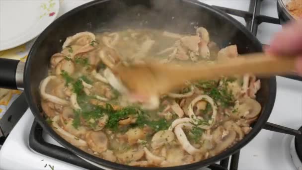 Man Preparing Dish Mushrooms Frying Pan — Stock Video