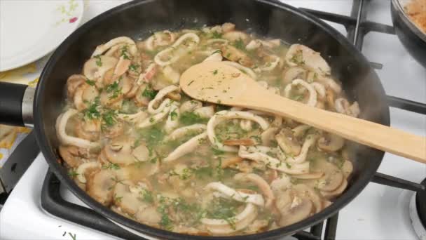 Dish Mushrooms Preparing Frying Pan — Stock Video