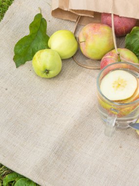 Kırsal bir bahçe konseptinde yaz - keten bir peçete üzerinde kağıt bir poşette taze elmalar ve dilimlenmiş elmalarla bir bardak içki