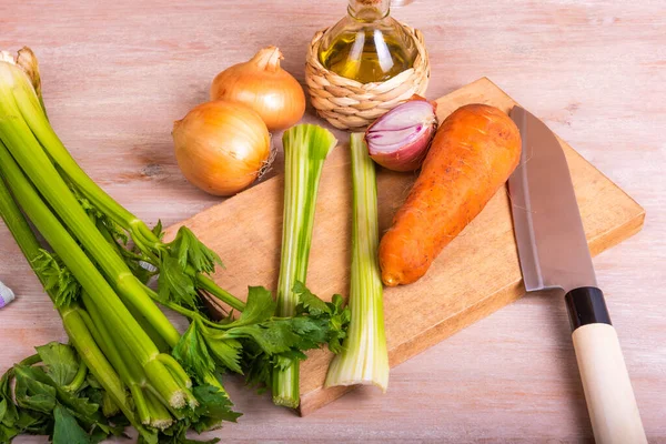 Aderezo Vegetal Zanahoria Cebolla Apio Ingredientes Para Mirepoix Soffritto Con —  Fotos de Stock