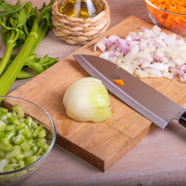 Cocinar Relleno Vegetal Cebollas Zanahorias Apio Ingredientes Picados Para Mirepoix — Foto de Stock