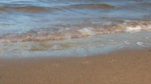 Kleine Wellen Laufen Sandigen Ufer Aus Nächster Nähe — Stockvideo