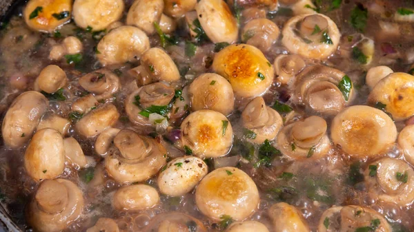 Fricassé Cogumelos Vegan Cozinha Com Alho Cebolas Uma Panela Ato — Fotografia de Stock