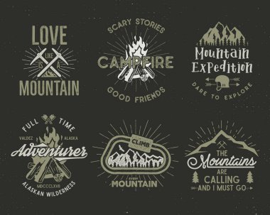Set of mountain and scouting badges. Climbing labels, mountains expedition emblems, vintage hiking silhouettes logos and design elements. Vector retro letterpress style isolated clipart