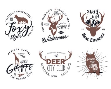 Vahşi hayvan rozetleri ayarlandı. Zürafa, baykuş, tilki ve geyik şekilleri dahil. Hisse senedi vektörü beyaz arkaplanda izole edildi. Tee tasarımları, kupalar, logotype için iyi.
