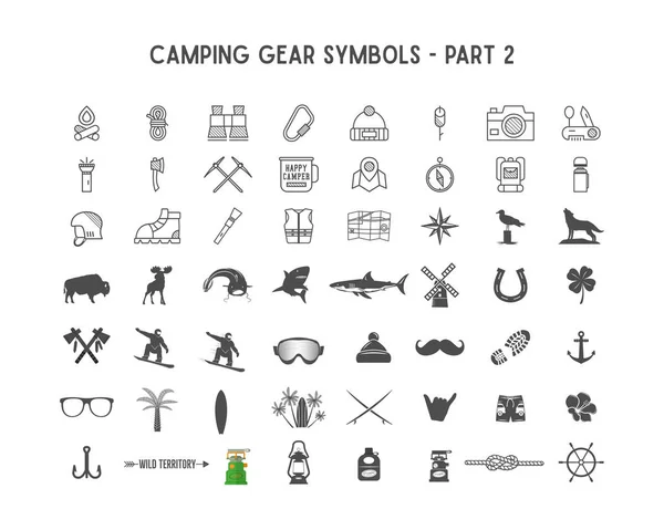 Conjunto de iconos y formas de silueta vectorial con diferentes equipos al aire libre, símbolos de camping para crear logotipos de aventura, diseños de insignias, uso en infografías, carteles. Aislado sobre blanco. Parte 2 — Archivo Imágenes Vectoriales