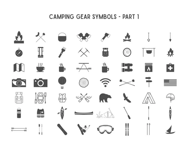 Conjunto de iconos y formas de silueta vectorial con diferentes equipos al aire libre, símbolos de camping para crear logotipos de aventura, diseños de insignias, uso en infografías, carteles. Aislado sobre blanco. Parte 1 — Vector de stock