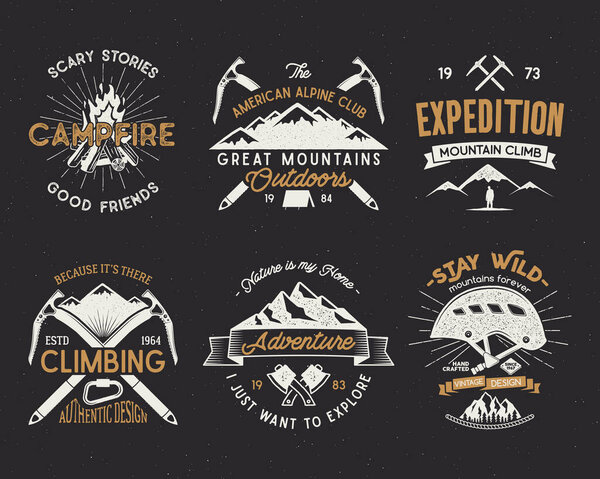 Set of mountain climbing labels, mountains expedition emblems, vintage hiking silhouettes logos and design elements. Vector retro letterpress style isolated. Wilderness patches isolated on white