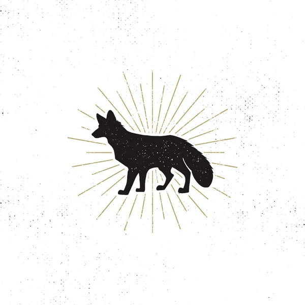 Χειροποίητη εικόνα Fox Silhouette. Vintage μαύρη αλεπού με ηλιακές εκρήξεις που απομονώνονται σε λευκό φόντο. Καλό για μπλουζάκια, ρούχα, κούπες, ταξιδιωτικά σχέδια. Διάνυσμα αποθέματος σε ακατέργαστη — Διανυσματικό Αρχείο