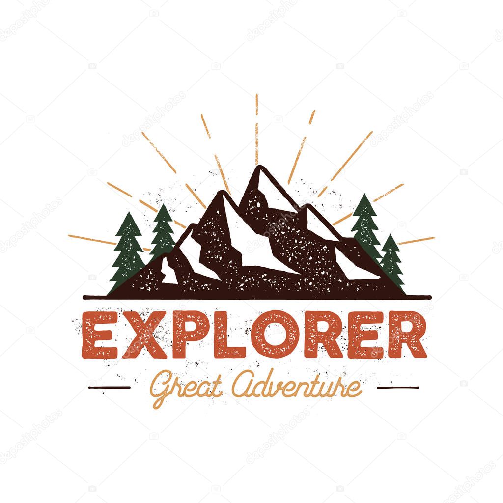 Outdoor explorer badge. Retro illustration of outdoor explorer label. Typography and roughen style. Outdoor explorer logo with letterpress effect. Inspirational text. Outdoor explorer stock vector.