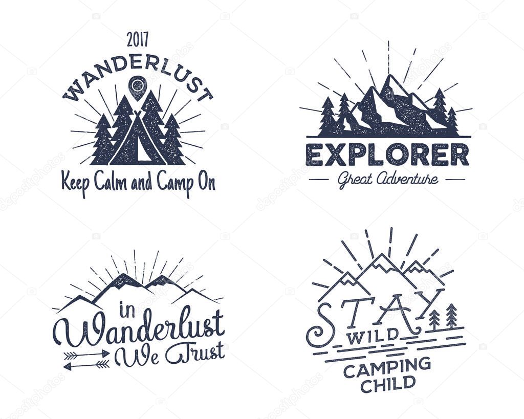 Set of outdoors activity badges. Retro illustration of outdoor activity labels. Typography and roughen style. Vector outdoors activity logo with letterpress effect. Custom quotes. Inspirational text