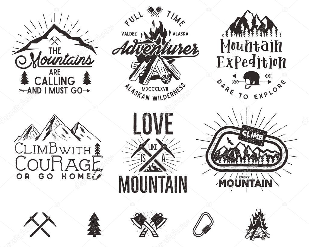Set of mountain climbing labels, mountains expedition emblems, vintage hiking silhouettes logos and design elements. Vector retro letterpress style isolated. Wilderness patches, insignia.
