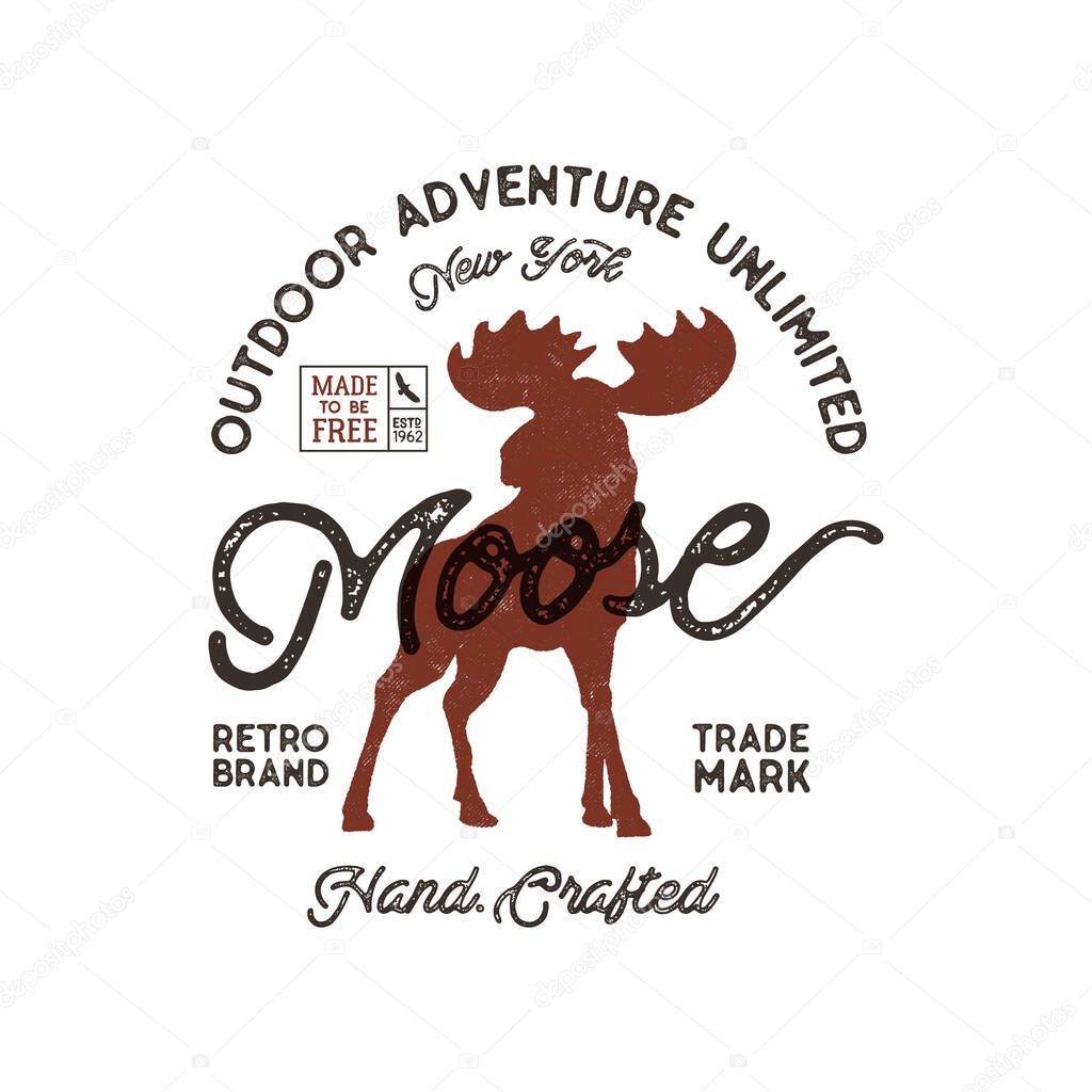 Outdoor adventure label. Vector wilderness logo with letterpress effect. Custom explorer quote. Retro artwork isolate