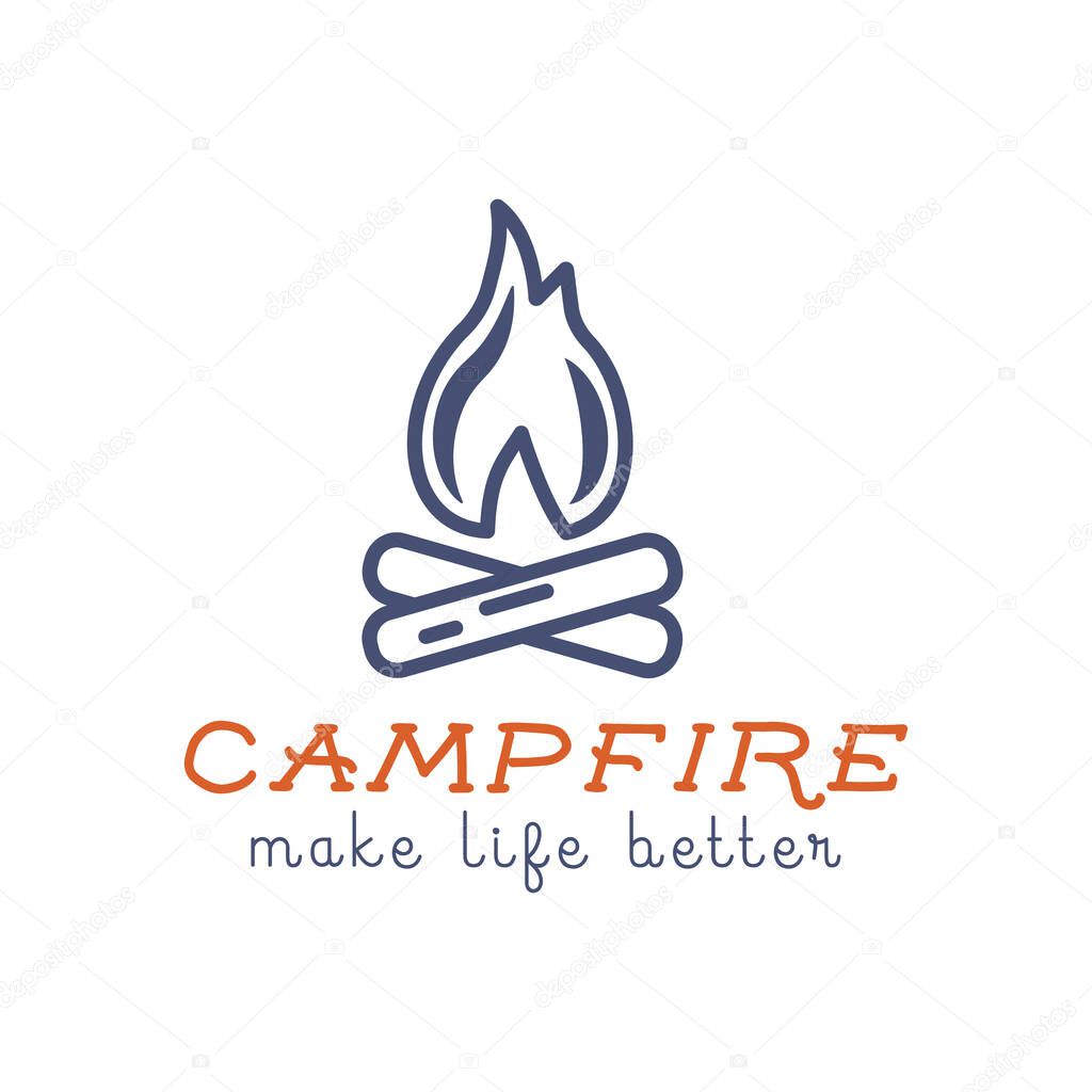 Camping logo design with typography and travel elements - campfire. Vector text - make life better. Hiking trail, backpacking symbols in retro flat colors. Good for prints, tee design, t shirt.