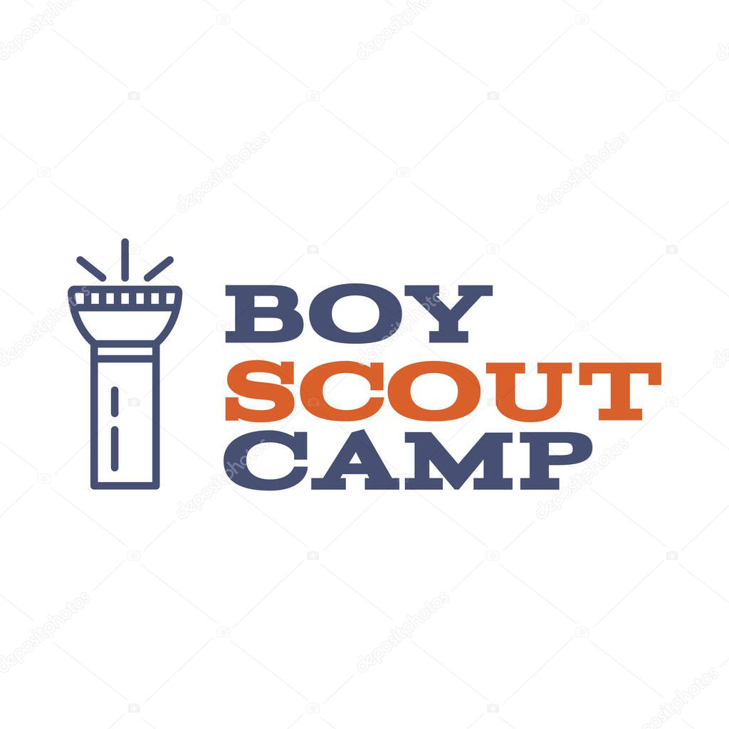 Boy scout camp logo design with typography and travel element - flashlight. Vector text. Hiking trail, backpacking symbols in retro color design. Nice for prints, tee design.