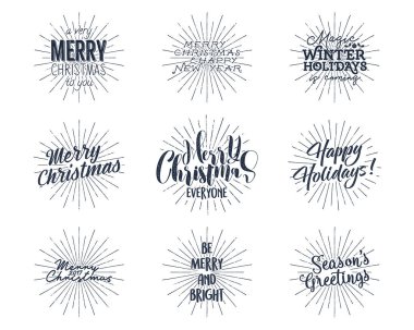 Noel seti, Yeni Yıl 2017 harfleri, dilekler, özdeyişler ve klasik etiketler. Mevsimin selamları. Tatil tipografi tasarımı. Vektör izole edildi. Güneş patlamalı harfler.