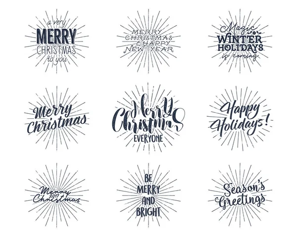 Set Christmas New Year 2017 Lettering Wishes Sayings Vintage Labels — Stock Vector