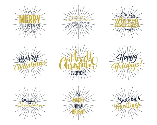 Set Christmas New Year 2017 Lettering Wishes Sayings Vintage Labels — Stock Vector