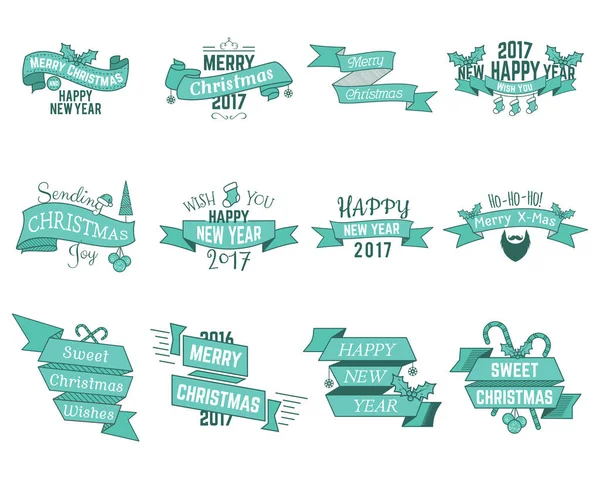 Colección Deseos Navideños Deseos Invierno Con Cintas Símbolos Navideños Elementos — Vector de stock