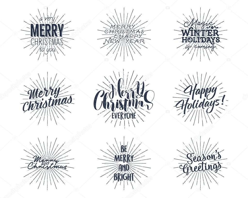 Set of Christmas , New Year 2017 lettering, wishes, sayings and vintage labels. Season's greetings calligraphy. Holiday typography design. Vector isolated. Letters composition with sun bursts