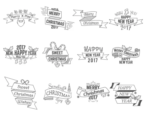 Frohe Weihnachten Wunschkollektion Mit Bändern Und Feiertagssymbolen Elementen Weihnachtsbart Süßigkeiten — Stockvektor