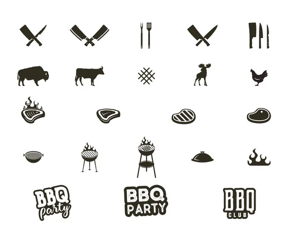 Vector Steak House Grill Silhouette Textured Icons Black Shapes Isolated — Stock Vector